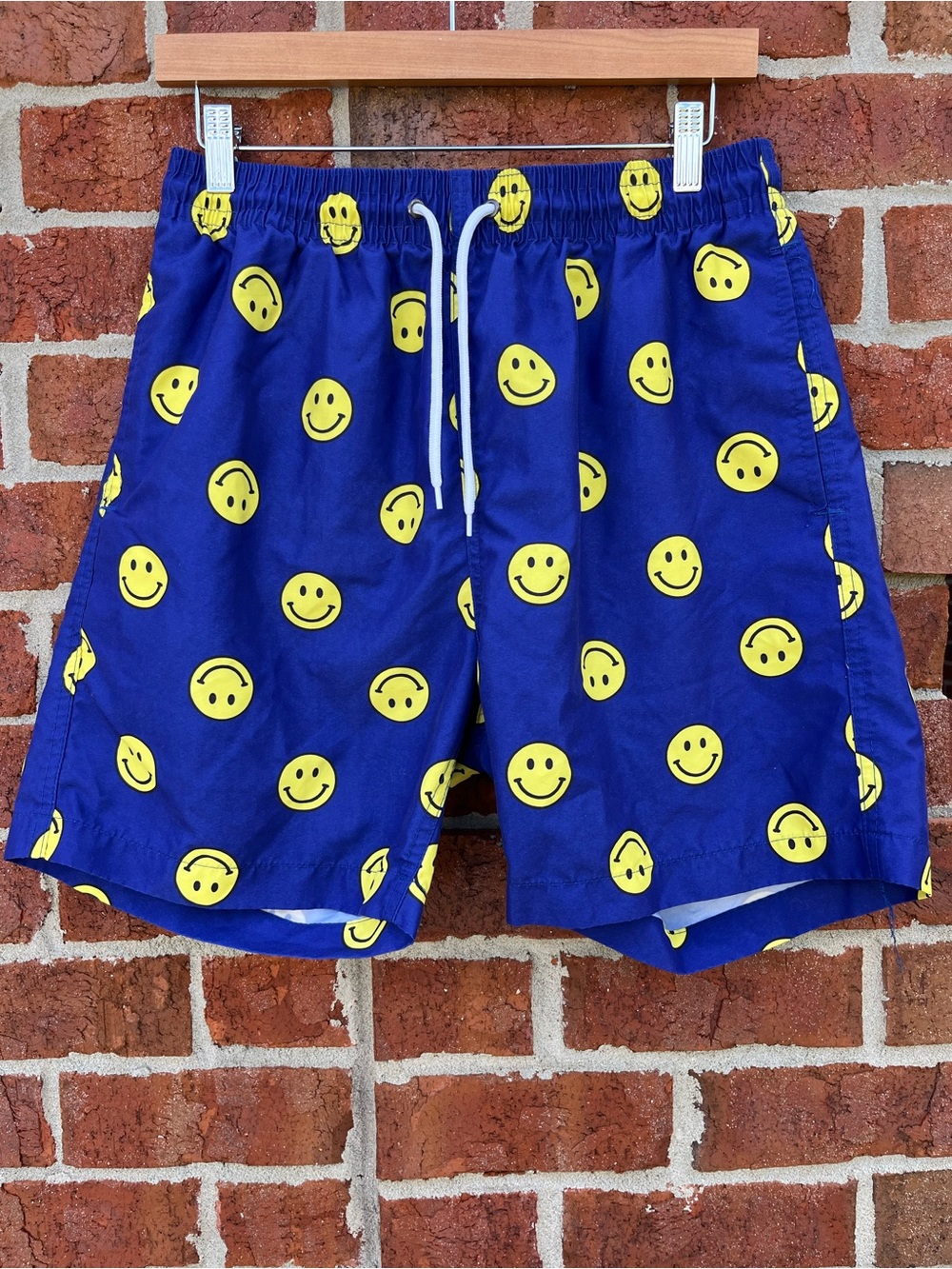 Navy Blue Men's Swim Trunks with Yellow Smiley Print